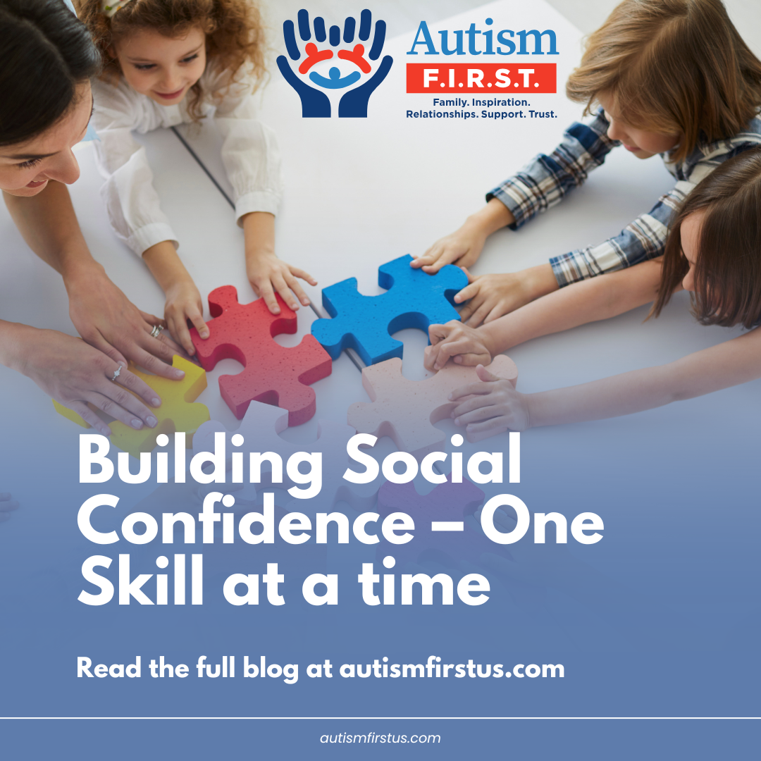 Help your child build social confidence this summer with Autism F.I.R.S.T. through structured play, group activities, and expert-led therapy. Image shows stock image of adult and children joining puzzle pieces together.